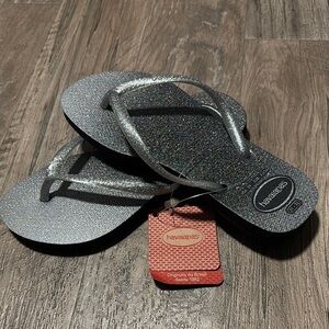 Havaianas Slim Gloss Silver/black Sparkle thong flip flops,summer,pool,beach